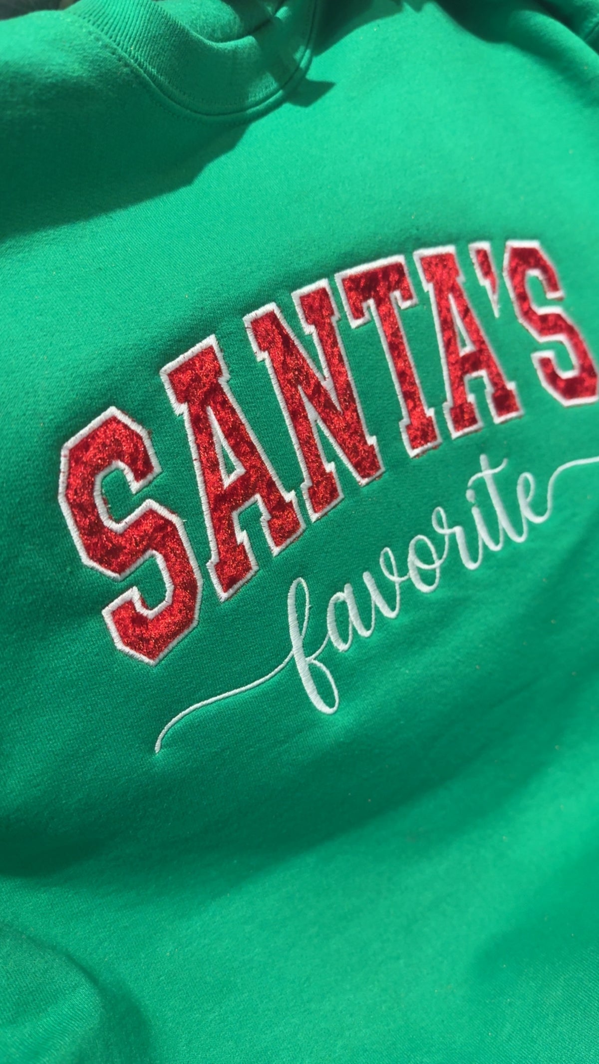 Santa's Favorite Velvet Appliqué Gildan Sweatshirt – Green