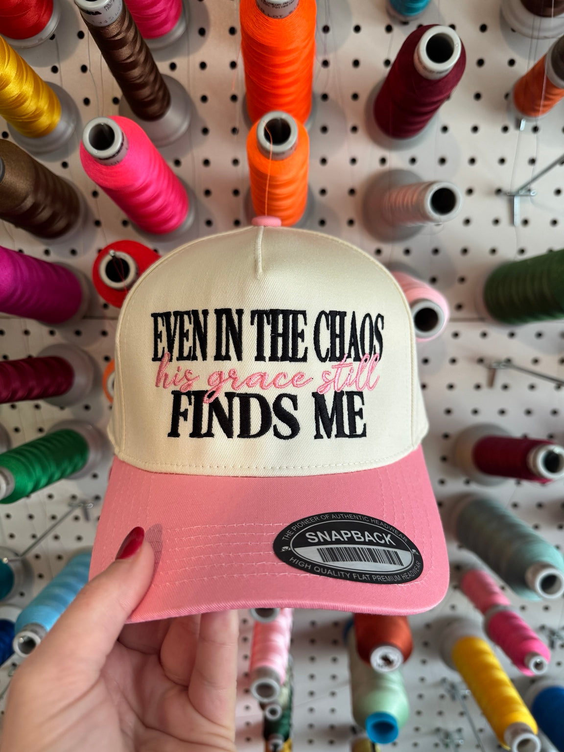 Pink and cream Even in the Chaos His Grace Still Finds Me embroidered hat
