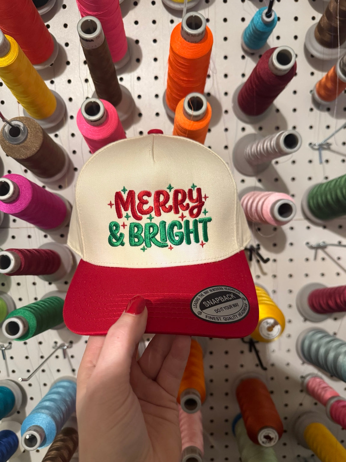 Merry & Bright cream and red embroidered Christmas hat
