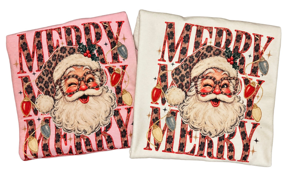 Merry leopard Santa Gildan sweatshirts in light pink and white