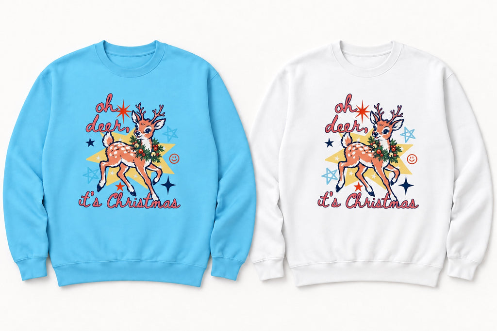 Oh Deer Christmas sweatshirt in sky blue and white